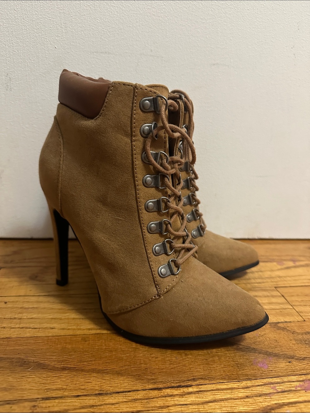 Forever 21 Tan Lace-Up Pointed-Toe High Heel Ankle Boots